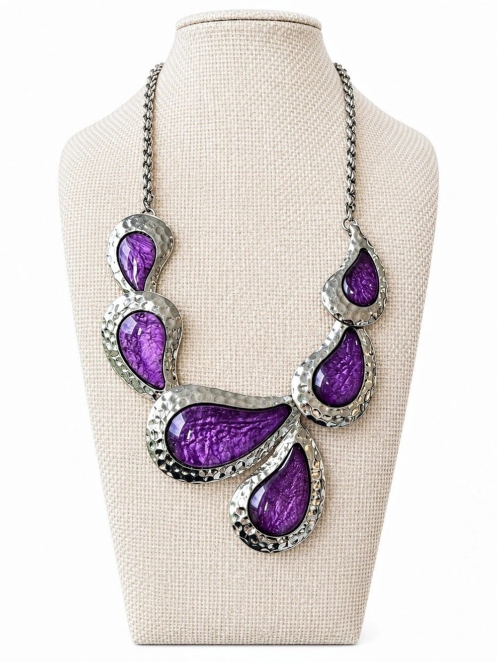 Purple Statement Necklace Silver Tone Hammered Teardrop Bib Chunky Boho Jewelry